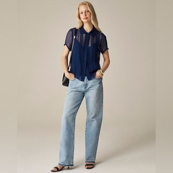 NWT J CREW Sheer lace-trim button-up shirt in dot crinkle chiffon - Picture 2 of 7